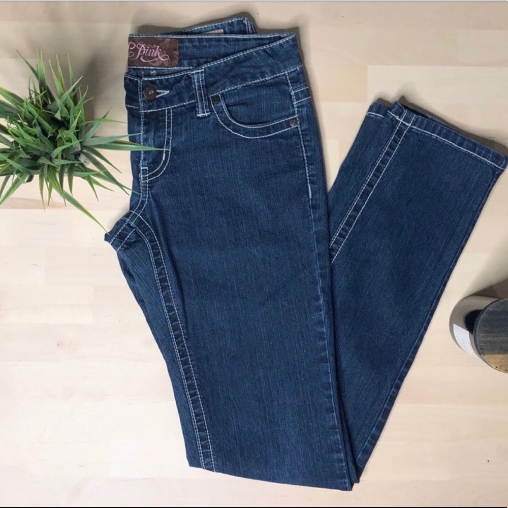 Y2K Low Rise G Pink Dark Wash White Thread Skinny Jean